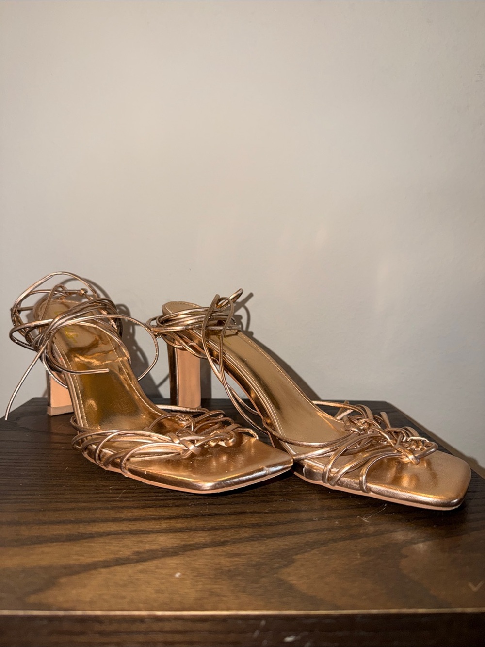 Metallic Rose Gold Strappy Block Heel Sandals